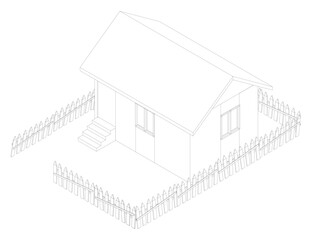 Poster - A house with a white roof and a white fence. The house is empty and the fence is full of people. Isometric view