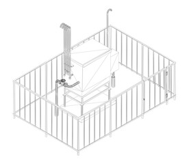 Poster - A drawing of a Gas distribution station. The building is surrounded by a fence. Isometric view. 3D
