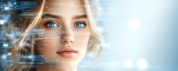 Poster - A woman's face is shown in a computer generated image. The image is a digital representation of the woman's face, with a blue hue and a pixelated appearance. Concept of technology and artificiality