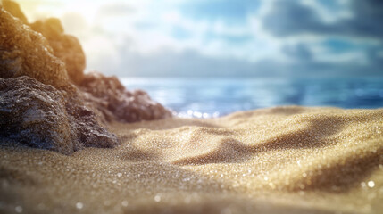 Wall Mural - close up view of golden sand with rocky foreground, capturing serene beauty of beach scene. blurred sea and sky create tranquil atmosphere, inviting relaxation and peace