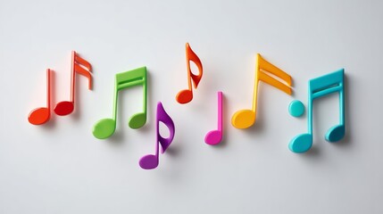 Poster - Colorful collection of musical notes are arranged in a row. The notes are of different colors and sizes, and they are all pointing in different directions. Concept of creativity and playfulness