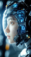 Poster - A woman in a futuristic helmet with a blue face. The helmet is made of plastic and has a blue face