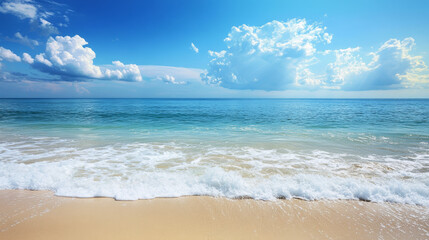 Wall Mural - serene beach view with gentle waves lapping at shore under clear blue sky filled with fluffy clouds creates peaceful atmosphere