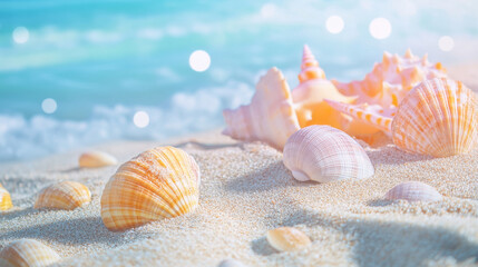 Wall Mural - serene beach scene featuring colorful seashells scattered on soft sand, with gentle waves in background creating tranquil atmosphere. sunlight adds warm glow, enhancing beauty of shells