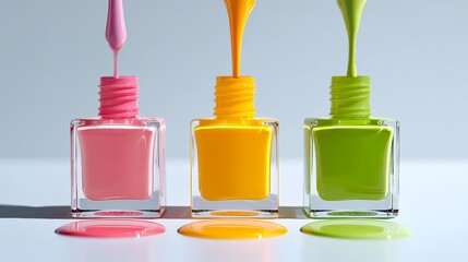 Poster - Three bottles of nail polish with different colors are shown, with one bottle of pink, one bottle of yellow, and one bottle of green