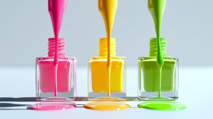 Poster - Three bottles of nail polish with different colors are being poured out. The colors are pink, yellow, and green