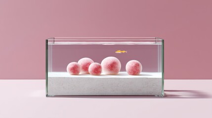 Poster - Glass tank with a pink background and a fish swimming in it. The fish is swimming near a group of pink balls