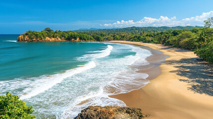 Wall Mural - scenic view of beach with gentle waves and clear skies, surrounded by lush greenery and distant hills, evokes sense of tranquility and natural beauty