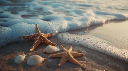 Wall Mural - Starfish and seashells on sandy beach with gentle waves create serene coastal scene. soft foam of ocean adds calming touch to this picturesque moment