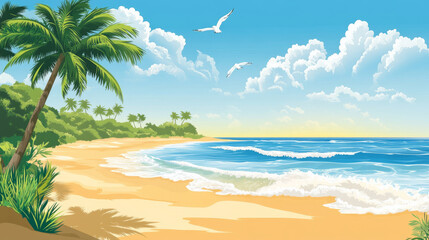 Wall Mural - serene beach scene featuring palm trees, gentle waves, and clear blue sky creates perfect tropical atmosphere. vibrant colors evoke sense of relaxation and tranquility