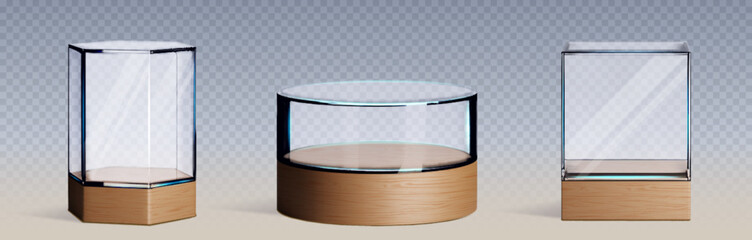 Poster - Glass displays on wooden platform set isolated on transparent background. Vector realistic illustration of cube and cylinder 3d plastic boxes, museum exhibition showcase, acrylic container mockup