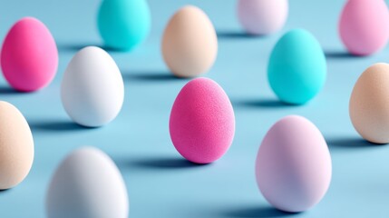 Poster - Row of colorful eggs with one pink one white. The pink egg is the only one that stands out