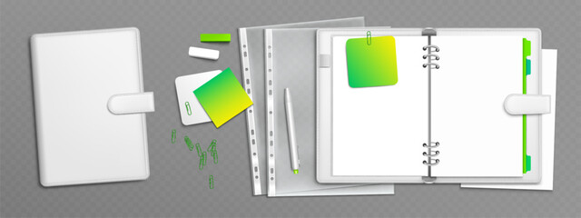 Poster - Ring binder folder set - realistic stationery mockup. Closed spiral notepads, open diary planner pages, sticky notes, metallic perforated rings and pen clips. Office supplies for branding identity.