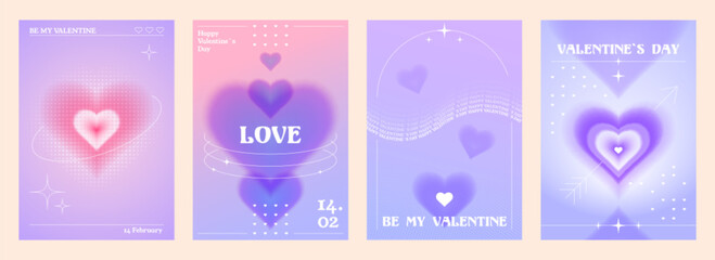Poster - Heart gradient y2k Valentine Day cards - dreamy blurred neon backgrounds with love text and symbols. Hazy pastel pink and purple gradient colors with sparkly textures. Tender nostalgic 90s style vibe