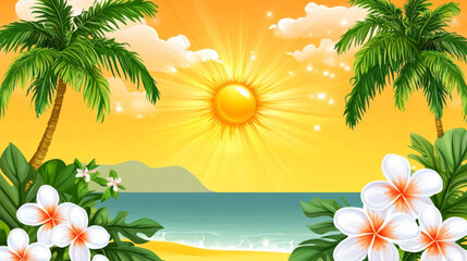 Wall Mural - tropical scene featuring bright sun shining over serene beach, framed by lush palm trees and beautiful white flowers. This picturesque setting evokes feelings of relaxation and summer joy