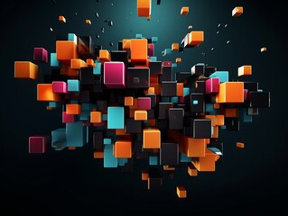 Poster - Dynamic composition of vibrant color cubes floating in a dark atmosphere