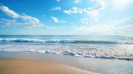 Wall Mural - serene beach view with gentle waves lapping against shore under clear blue sky, creating peaceful and calming atmosphere