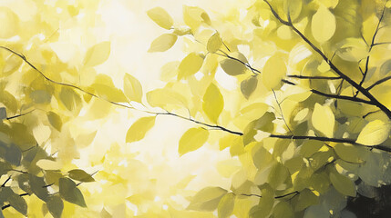 Wall Mural - bright yellow leaves gently illuminated by soft morning light create serene atmosphere, evoking sens