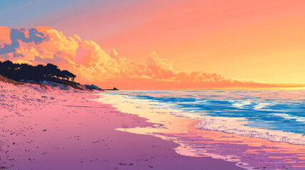 Wall Mural - serene beach at sunset, showcasing vibrant colors in sky and calm waters. tranquil scene evokes sense of peace and relaxation, perfect for unwinding