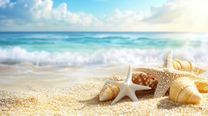 Wall Mural - serene beach scene featuring seashells and starfish on golden sand, with gentle waves lapping at shore and bright sky above, evokes sense of tranquility and summer bliss