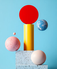 Poster - abstract composition with geometric shapes in red yellow pink blue and terrazzo