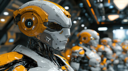 Poster - A group of robots with orange and white bodies stand in a room. The robots are all different sizes and shapes, but they all have the same color scheme. The room is dimly lit