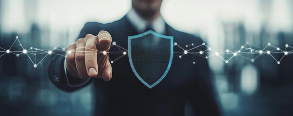 Poster - A man is pointing to a blue shield. The shield is surrounded by a web of lines and dots. Concept of security and protection