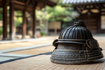 Poster - Antique samurai helmet resting on a traditional mat.