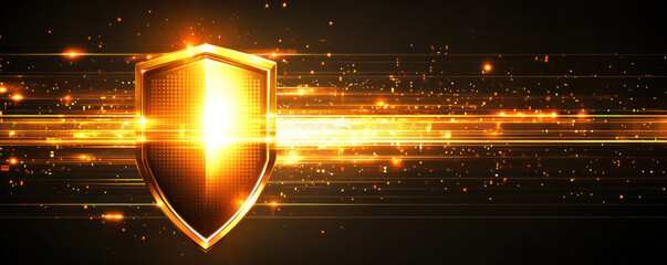 Poster - A golden shield with a glowing light behind it. The shield is surrounded by a stream of light, giving it a sense of protection and security