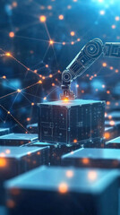 Poster - A robot is working on a cube in a city. The robot is surrounded by many other cubes, creating a futuristic and industrial atmosphere