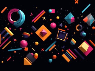 Poster - Vibrant geometric shapes floating in a dark, abstract background design