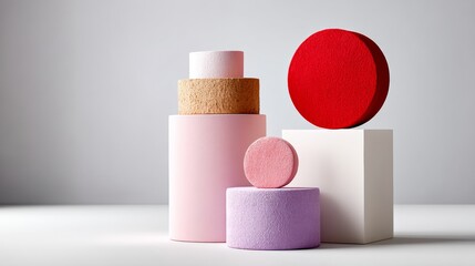 Poster - Group of three white cubes and three pink and purple spheres. The cubes are arranged in a way that they appear to be stacked on top of each other
