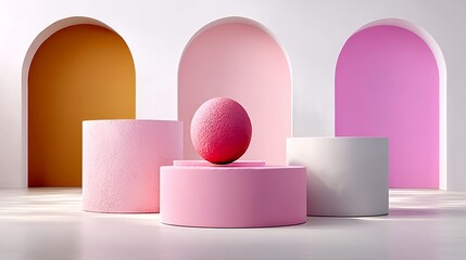 Poster - Three pink and white pillars with a red ball placed on top of them. The pillars are arranged in a way that creates a sense of depth and dimension, with the red ball standing out as the focal point