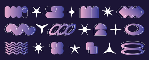 Poster - Abstract y2k gradient shapes set isolated on black. Vector illustration of holographic wave, circle, square, rhombus shape geometric icons in purple and blue color, retro futuristic design elements