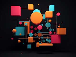 Poster - Abstract Geometric Composition with Colorful Cubes, Circles, and Lines on Black