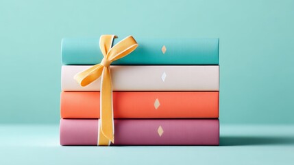 Poster - Stack of books with a yellow ribbon tied around them. The ribbon is tied in a bow and the books are of different colors. The books are arranged in a pyramid shape
