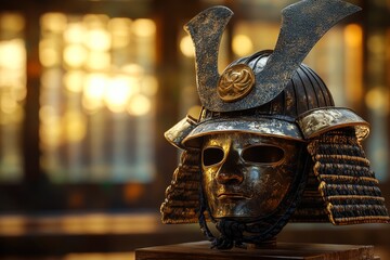 Poster - Ornate samurai helmet displayed in a museum.