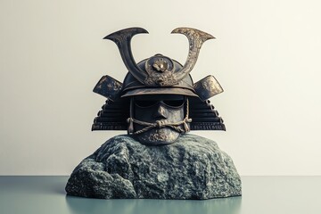 Poster - Antique samurai helmet resting atop a rock.