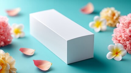 Poster - White box is on a blue background with pink and yellow flowers. The box is empty and the flowers are scattered around it. Concept of emptiness and simplicity, with the white box