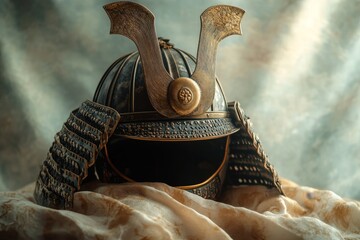 Poster - Ancient samurai helmet on a draped fabric surface.