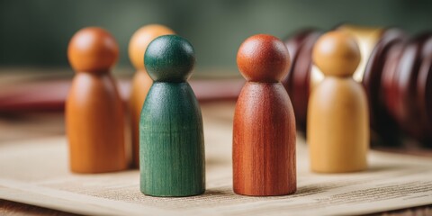 Poster - Minimalist Conflict Resolution Symbolic Wooden Mediation Figures Visualizing Interpersonal Dynamics, Negotiation Strategy and Professional Dispute Management