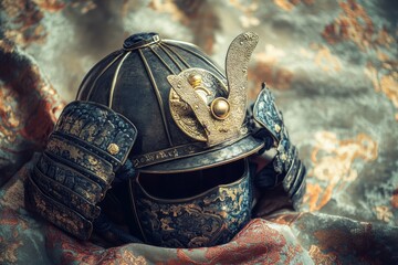 Poster - Aged samurai helmet resting on ornate fabric.
