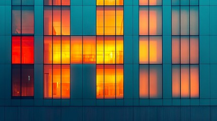Aufkleber - Close-up of high-rise building with orange-tinted windows, symmetrical architecture and soft pastel reflections, compressed perspective and urban detail  
