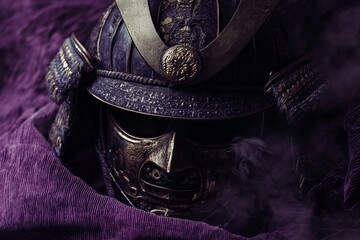 Poster - Close-up of a weathered samurai helmet shrouded in purple fabric.