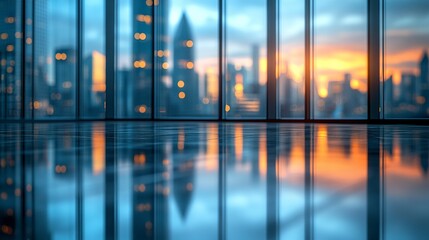 Aufkleber - Contemporary glass building interior with sleek reflective flooring, natural light glowing through windows, captured in serene atmosphere with blurred cityscape  