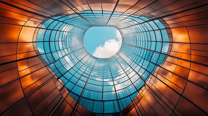 Aufkleber - Contemporary office tower with wave-like facade and mirrored windows, architectural symmetry and sky reflection in panoramic low-angle shot  