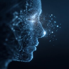 Poster - Digital human face with illuminated nodes representing connections and information