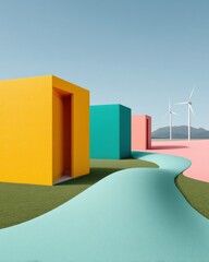 Fototapete - Sustainable Futures Minimalist Geometric Landscape Illustrating Renewable Energy Innovation with Bold Color Blocking and Wind Power Integration