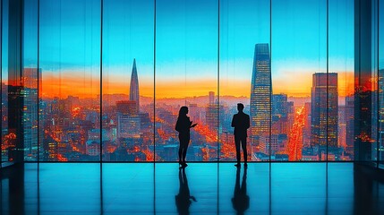 Poster - Corporate skyline through tall glass windows with two silhouetted figures discussing work, cool blue tones and dramatic urban backdrop  