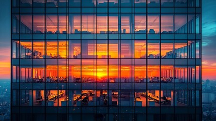 Aufkleber - Corporate tower with rows of brightly lit office interiors, symmetrical glass windows showing empty desks and chairs, dusk lighting with strong color contrast  